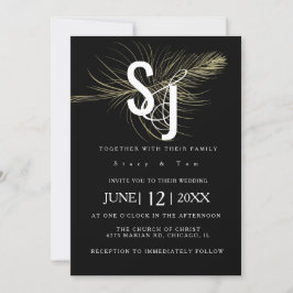 Invitación Suite de Boda Negra Botánica con Pluma de Oro Fals