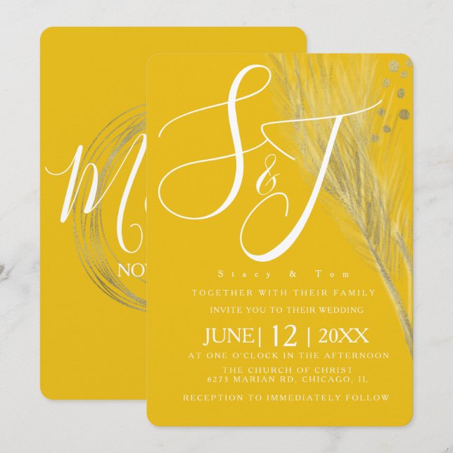 Invitación Suite de Boda Pampas con Hojas de Oro Amarillo Mos (Anverso / Reverso)