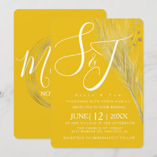 Invitación Suite de Boda Pampas con Hojas de Oro Amarillo Mos