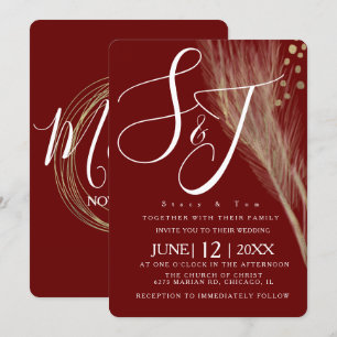 Invitación Suite de Boda Pampas con Hojas de Oro Burgundy