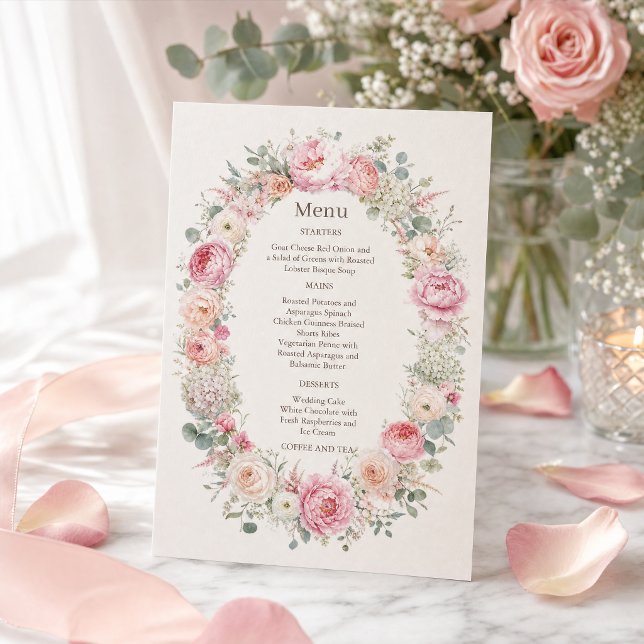 Invitación Suite de Menú de Boda Floral Romántico con Rubor (#romanticweddingmenu #weddingdinner #wreathflowersinvitation #pinkflowersinvitation #blushpinkfloral)