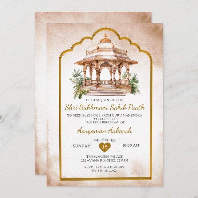 Invitación Sukhmani Sahib Paath cumpleaños de oro hindú (Anverso / Reverso)
