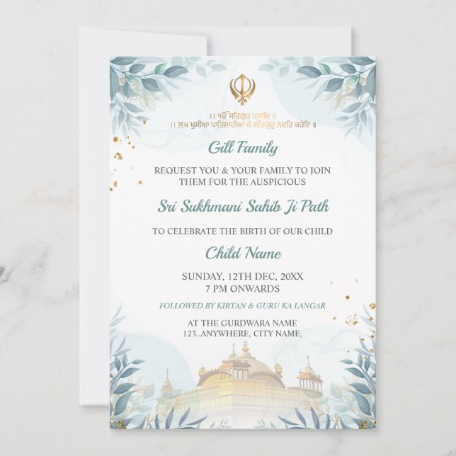 Invitación Sukhmani Sahib Path Card, Baby Arrival Card (Anverso)