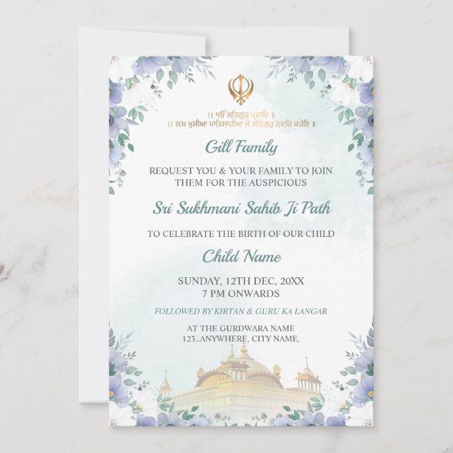 Invitación Sukhmani Sahib Path Invite, Birth Announce Card (Anverso)