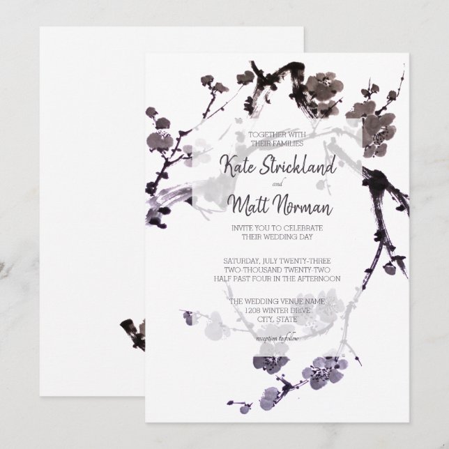 Invitación Suma de tinta de flor de ciruelo (Anverso / Reverso)