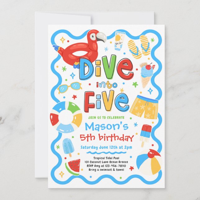 Invitación Sumérgete en cinco cumpleaños de fiesta en la pisc (Anverso)