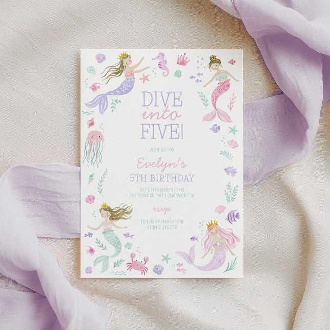 Invitación Sumérgete en Cinco Cumpleaños de niñas sirena púrp (Dive into 5! Purple mermaid birthday invitation)