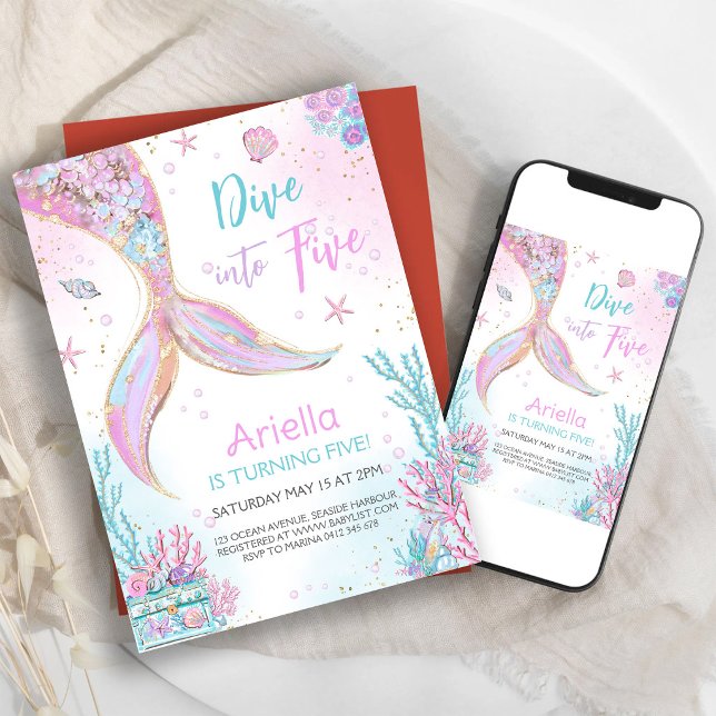 Invitación Sumérgete en cinco cumpleaños de sirena bajo el ma (Subido por el creador)