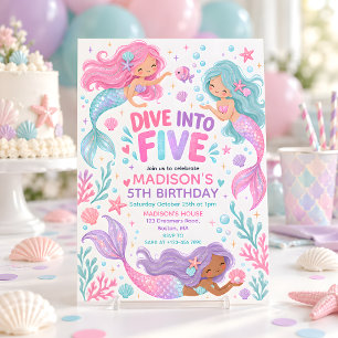 Invitación Sumérgete en cinco cumpleaños de sirena pastel 5