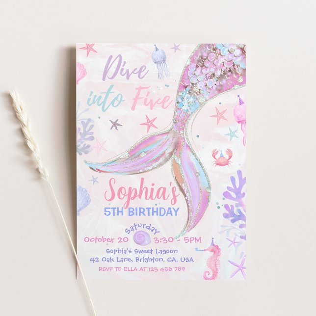 Invitación Sumérgete en cinco cumpleaños de sirena rosa paste (Dive Into Five Mermaid Birthday Girl Pastel Pink Invitation)