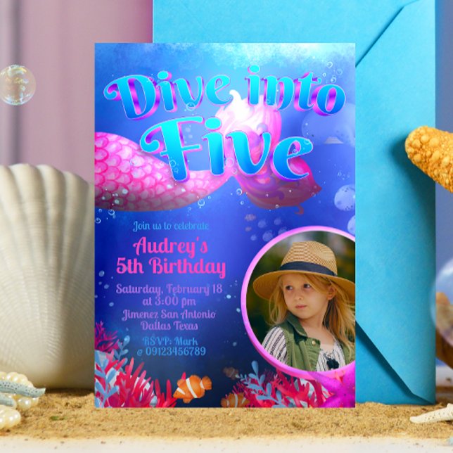 Invitación Sumérgete en cinco - Sirena con foto  (Dive into Five - Girl Mermaid 5th Birthday Invitation with Picture)