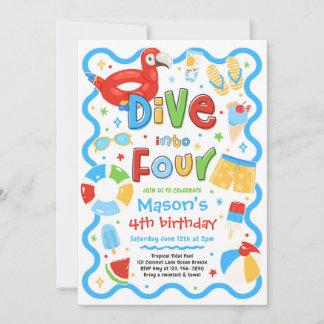 Invitación Sumérgete en cuatro cumpleaños de 4 años de fiesta