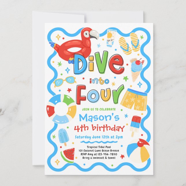 Invitación Sumérgete en cuatro cumpleaños de 4 años de fiesta (Anverso)