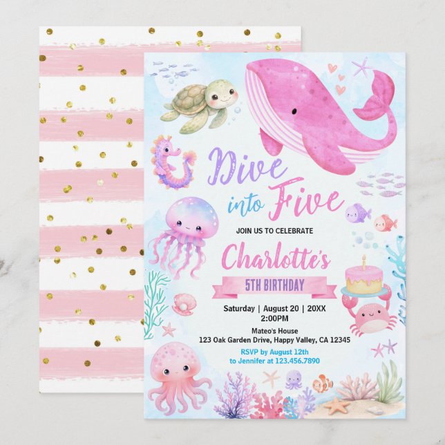 Invitación Sumérgete en Cumpleaños 5 Bajo El Mar Rosa (Anverso / Reverso)