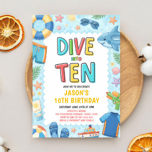 Invitación Sumérgete en la fiesta de cumpleaños número 10 en 