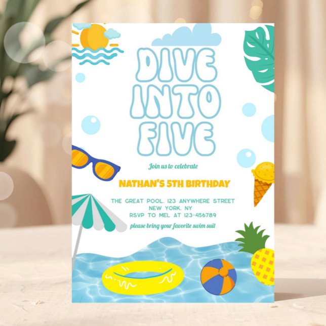 Invitación Sumérgete en la fiesta de cumpleaños número 5 de B (pool party invitation, dive into five invite, summer birthday invite, beach birthday invitation, kid)