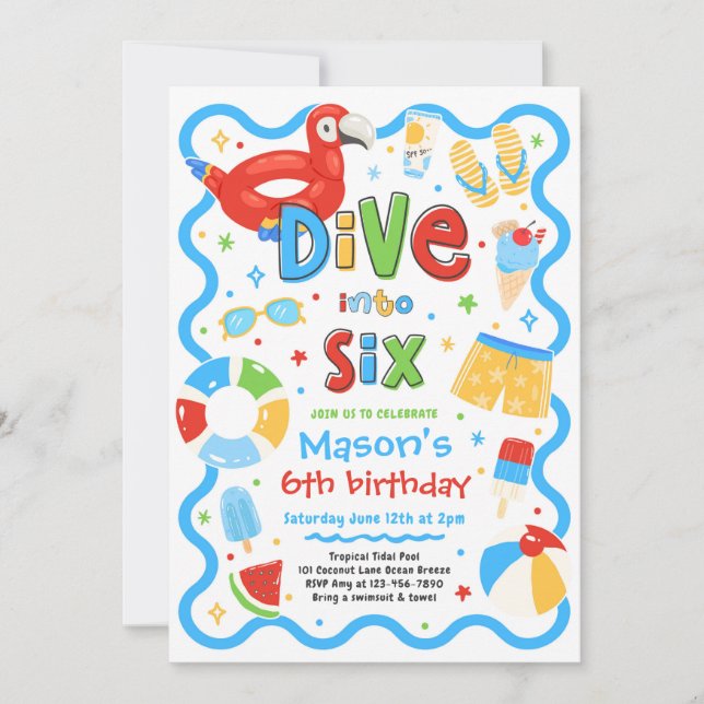 Invitación Sumérgete en Seis Cumpleaños 6 de Fiesta en la Pis (Anverso)