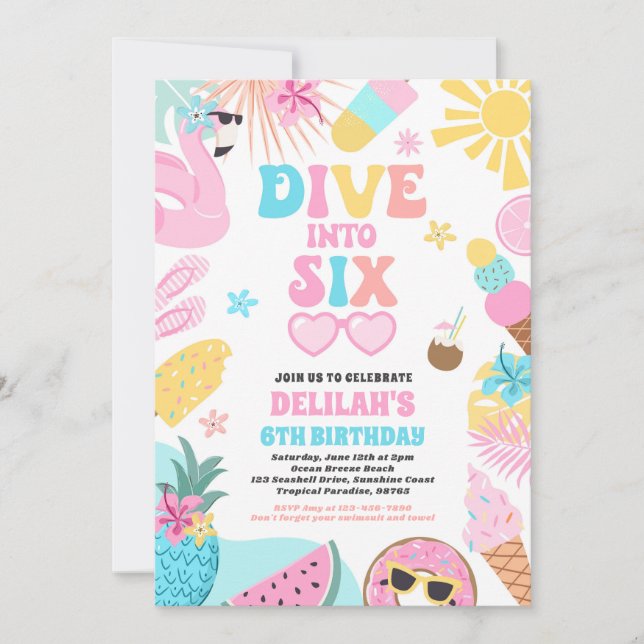 Invitación Sumérgete en seis fiesta de cumpleaños de playa tr (Anverso)