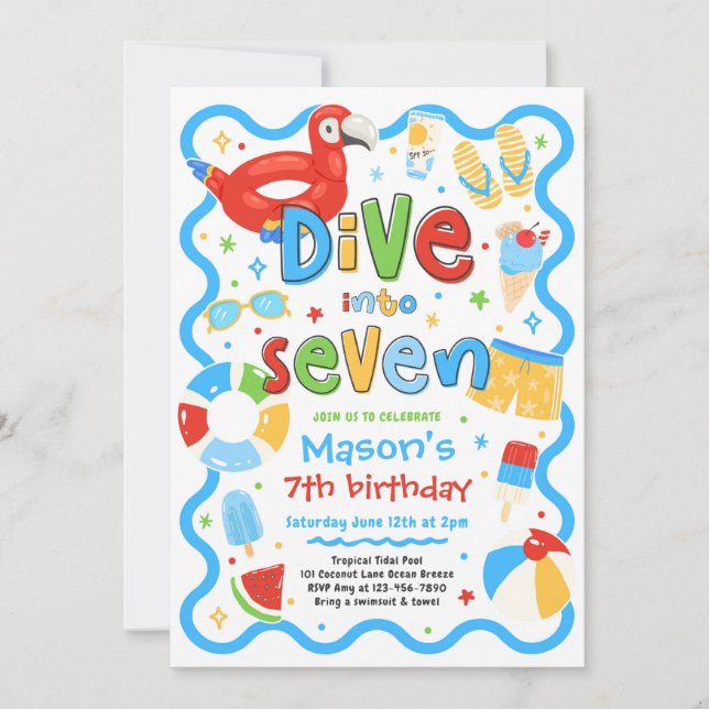 Invitación Sumérgete en siete cumpleaños de fiesta en la pisc (Anverso)
