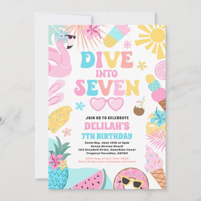 Invitación Sumérgete En Siete Fiesta De Cumpleaños Número 7 D (Anverso)