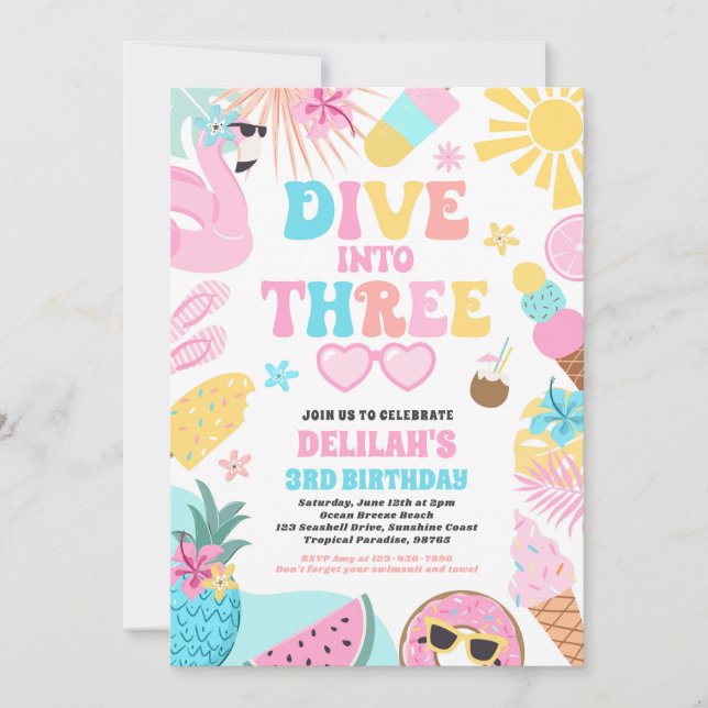 Invitación Sumérgete en tres cumpleaños de fiesta de playa tr (Anverso)
