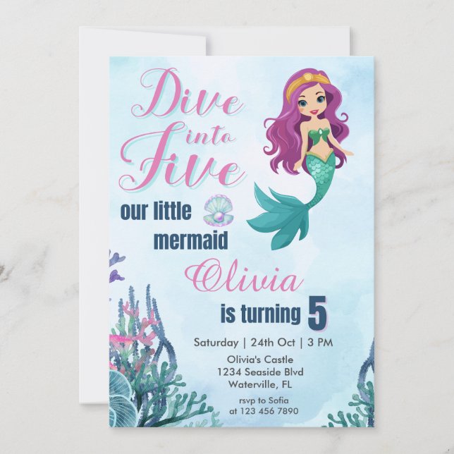 Invitación Sumergirse en cinco Chicas morados de sirena (Anverso)