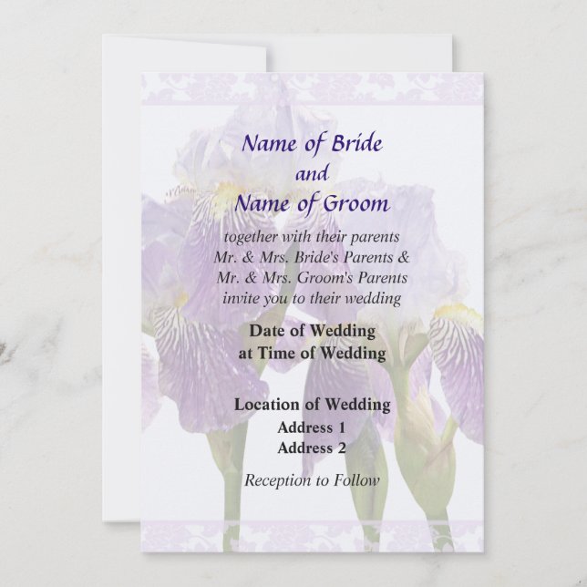 Invitación Suministros de Boda de la pareja Iris de Lavanda (Anverso)