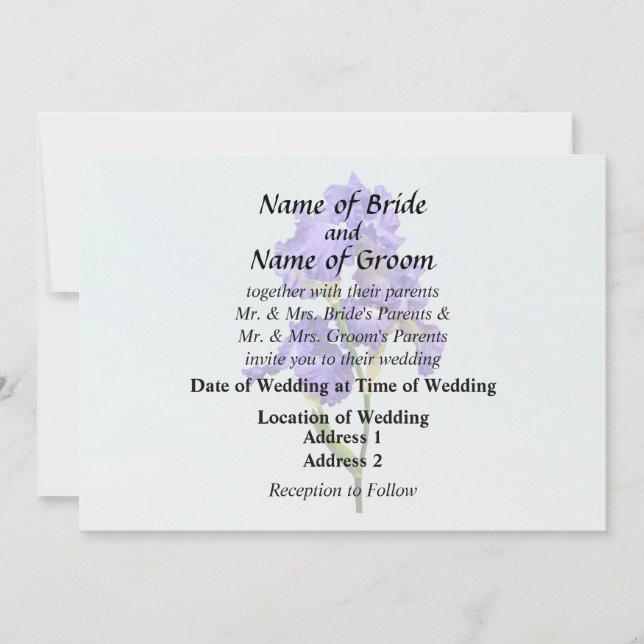 Invitación Suministros triples de Boda de iris púrpura (Anverso)