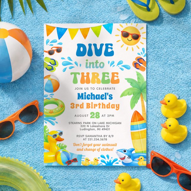 Invitación Summer 3rd Birthday Invitation - Dive into Three (Boy 3rd Birthday Invitation - Summer Beach Pool Party - Dive into Three)