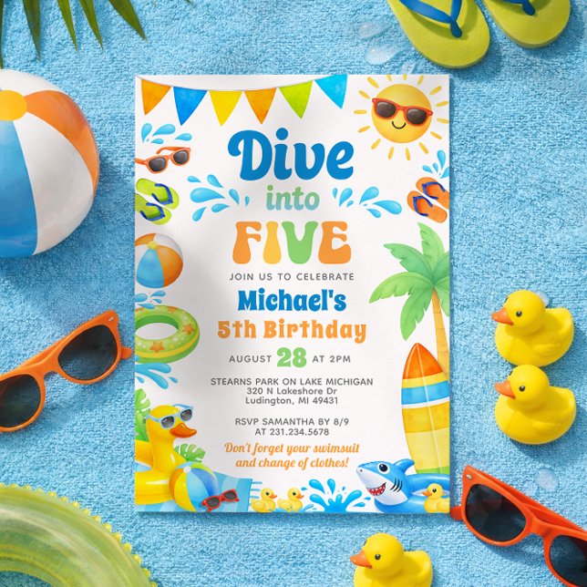 Invitación Summer 5th Birthday Invitation - Dive into Five (Boy 5th Birthday Invitation - Summer Beach Pool Party - Dive into Five)
