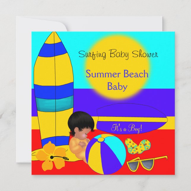 Invitación Summer Baby Shower Boy Beach Baby Surfing (Anverso)