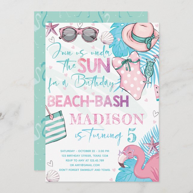 Invitación Summer Beach Birday Party Cute Turquesa Rosa (Anverso / Reverso)