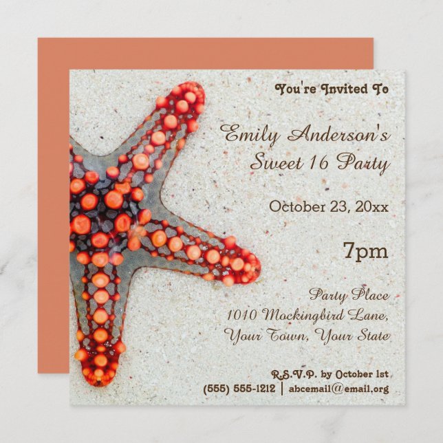 Invitación Summer Beach Coral Starfish Dulce 16 Cumpleaños (Anverso / Reverso)