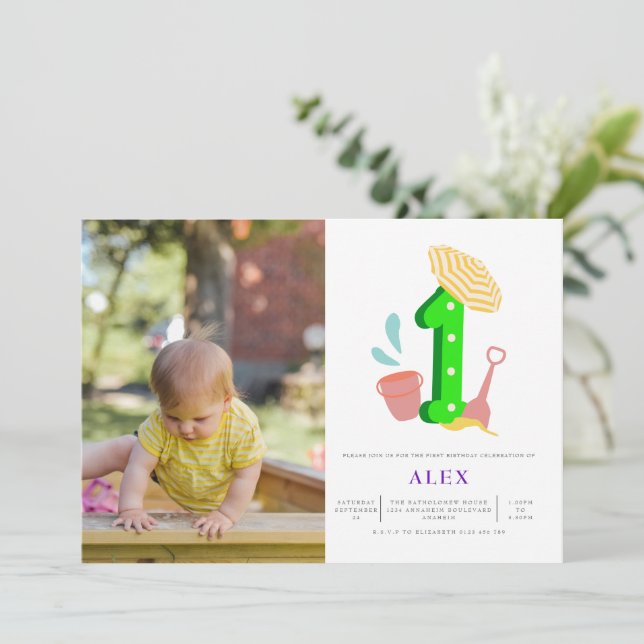 Invitación Summer Beach Gender Neutral 1er cumpleaños foto (Anverso de pie)