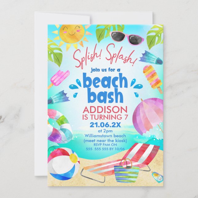 Invitación Summer Beach Scene Chicas Beach Bash Cumpleaños (Anverso)