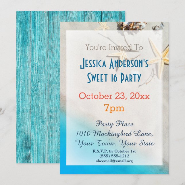 Invitación Summer Beach Starfish Tropical Sweet 16 Cumpleaños (Anverso / Reverso)