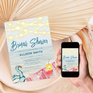 Invitación Summer Beach String Luces Flamingo Bridal Shower