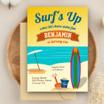 Invitación Summer Beach Surfing Birthday Party Invitation<br><div class="desc">Amaze your guests with this cool surfing theme birthday party invitation featuring colorful surf board and cute elements with eye-catching typography against a beautiful sunny beach background. Simply add your event details on this easy-to-use template to make it a one-of-a-kind invitation.</div>