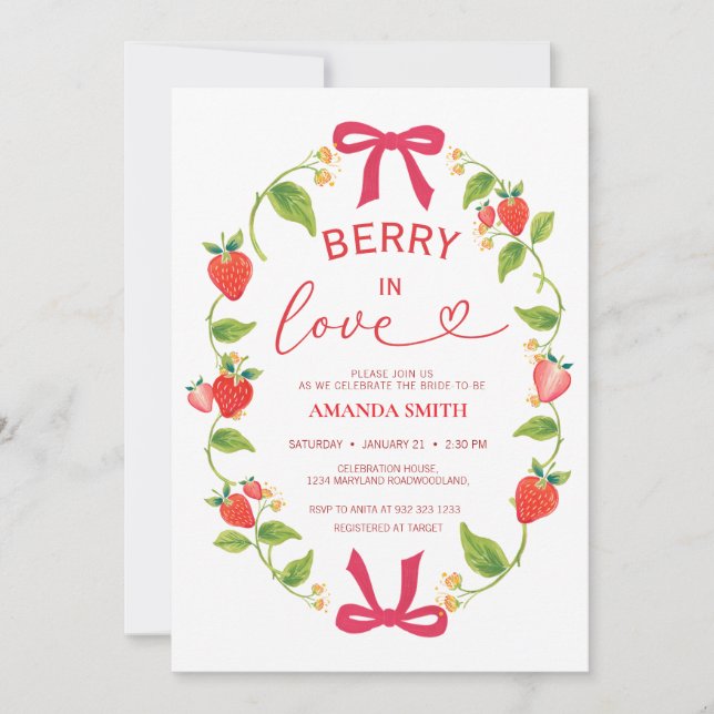 Invitación Summer Berry In Love Red Bow Bridal Shower (Anverso)