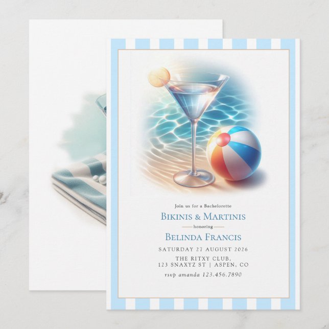 Invitación Summer Bikinis & Martinis Bachelorette Party (Anverso / Reverso)
