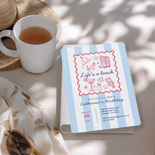 Invitación Summer Blue Stripes Beach Life Birthday Party  (Subido por el creador)