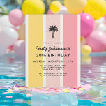 Invitación Summer Cabana Stripes Costa 30 cumpleaños<br><div class="desc">Una colorida estampilla de cabaña en colores veraniegos amarillos y rosados hacen que esta invitación de 30 años sea pop con estilo costero. Es una gran elección para los fiestas en la playa, junto a la piscina o con una temática veraniega. Un boceto de palmeras en la parte superior del...</div>