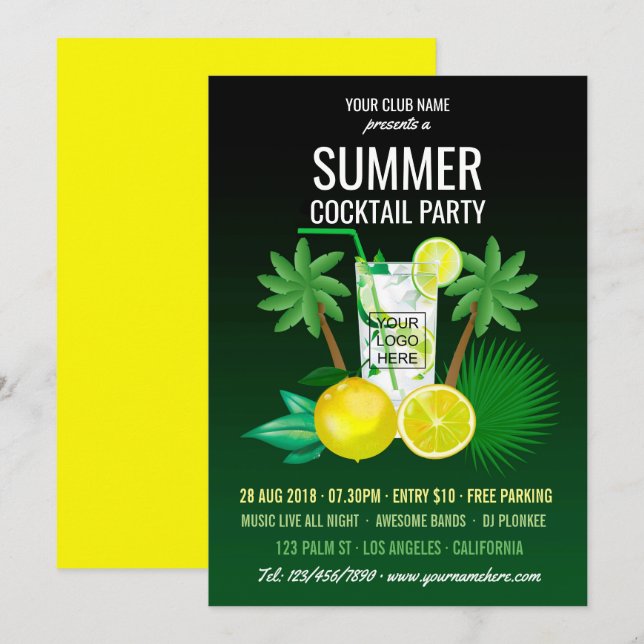Invitación Summer Cocktails Club/Corporate Fiesta agrega logo (Anverso / Reverso)