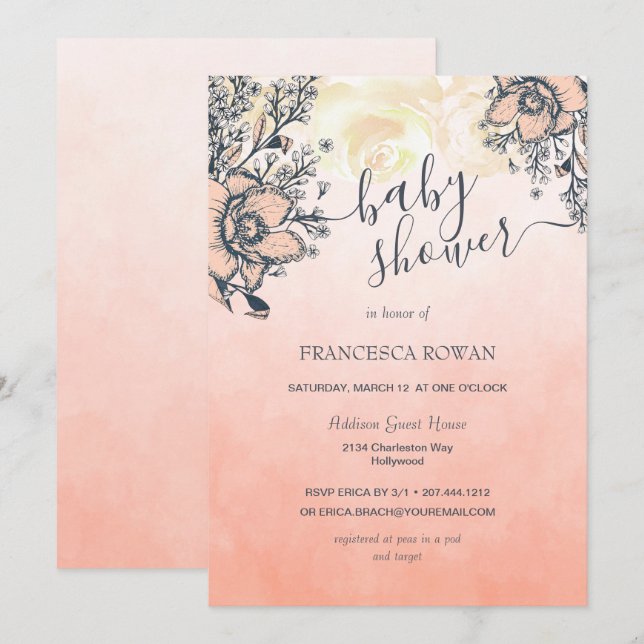Invitación Summer Coral Poppy Baby Shower (Anverso / Reverso)