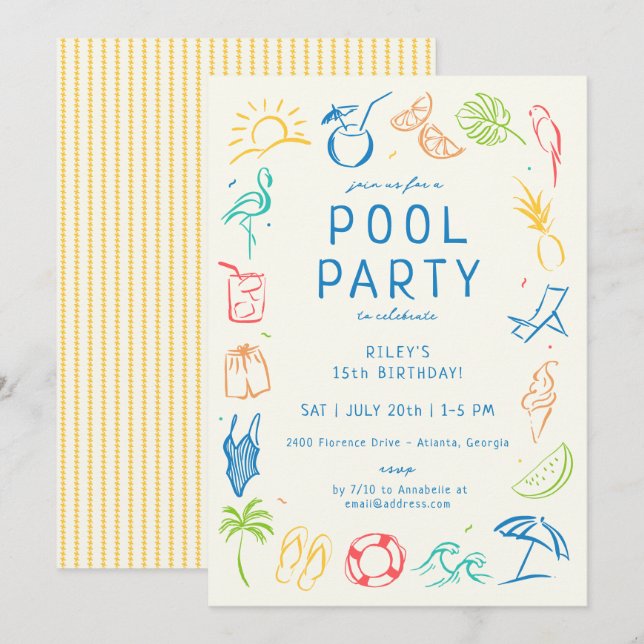 Invitación Summer Doodle Fiesta (Anverso / Reverso)