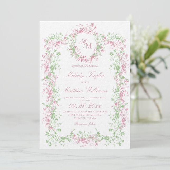 Invitación Summer Elegant Floral Monogram Wedding (Anverso de pie)