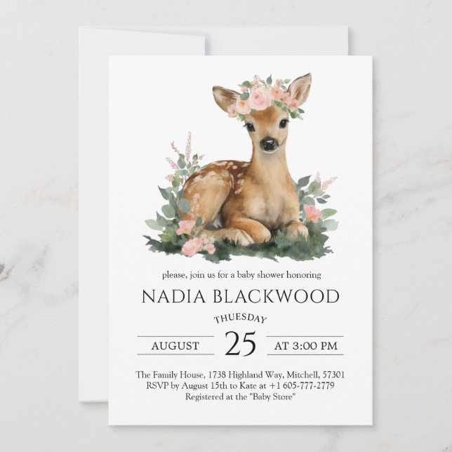 Invitación Summer Fawn Watercolor Baby Shower (Anverso)