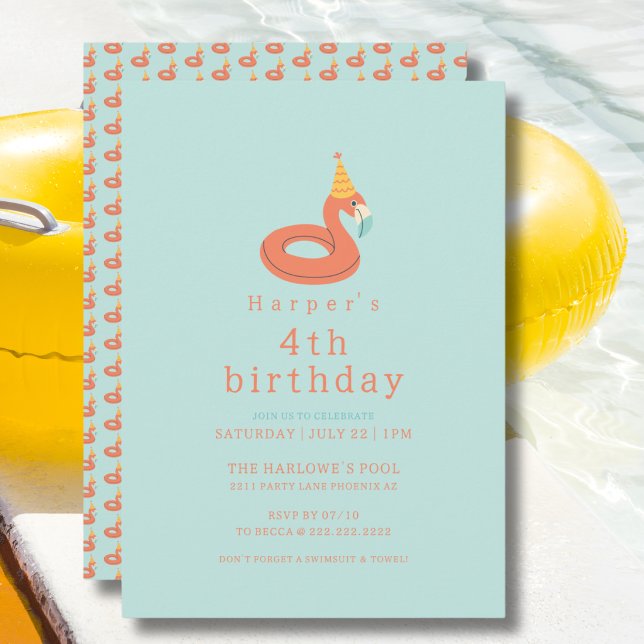 Invitación summer flamingo modern kids birthday pool party (flamingo kids birthday pool party modern aesthetic invitations )