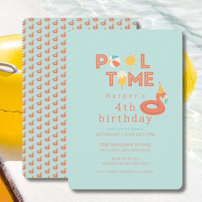 Invitación summer flamingo popsicle kids birthday pool party (pool time flamingo beach ball sun popsicle  birthday party invitation )