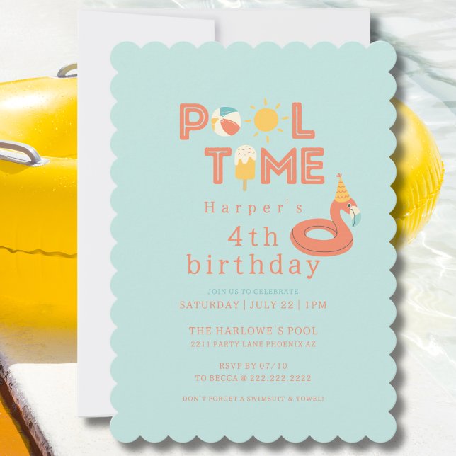 Invitación summer flamingo popsicle kids birthday pool party (pool time flamingo beach ball popsicle sun birthday pool party invitation)